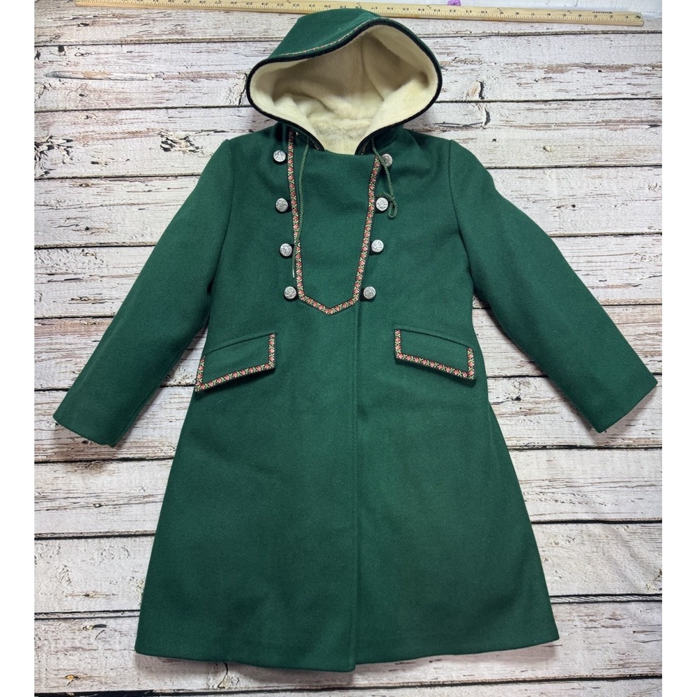 Vintage Rothschild Girls Green 70s Wool Blend Dress Jacket Coat Hood Size 10